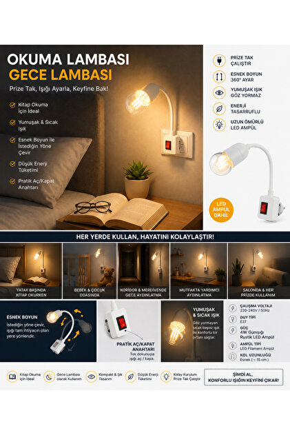 Esnek Boyunlu Priz Tipi Okuma Lambası | Gece Lambası | E27 | Anahtarlı | 4W Rustik LED Ampul Dahil Günışığı