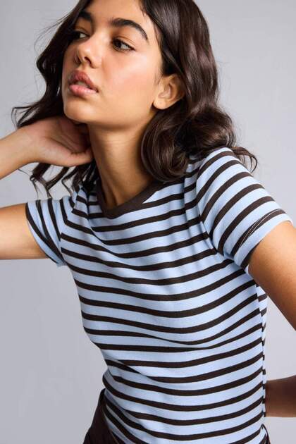 Fitted Crew Neck Striped Ribbed Short Sleeve T-Shirt I2416Ax26Au