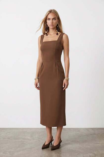 Women's Brown Thick Strap Slit Cape Detailed Zippered Woven Dress Alc-X15574