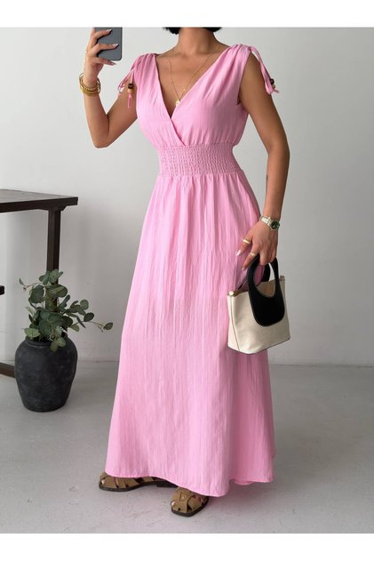 Women's Pink V-Neck Shoulder Ruffle Detailed Maxi Dress Get26365