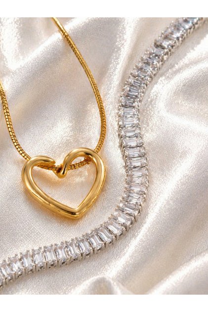 Stainless Steel Gold Heart Pendant and Zircon Crystal Stone Waterway Bracelet Women's Jewelry Set