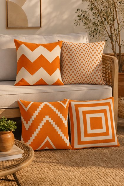 Orange Stripes Patterned 4-Piece Throw Pillow Cover Set