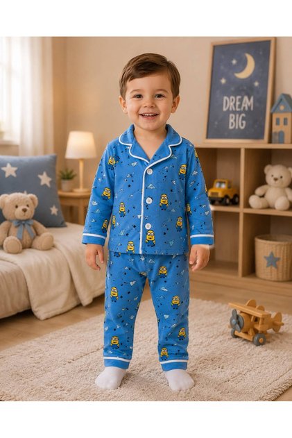 100% Cotton Long Sleeve Buttoned Seasonal Space Themed Patterned Soft Textured Bottom and Top Unisex Baby Pajama Set for Girls and Boys