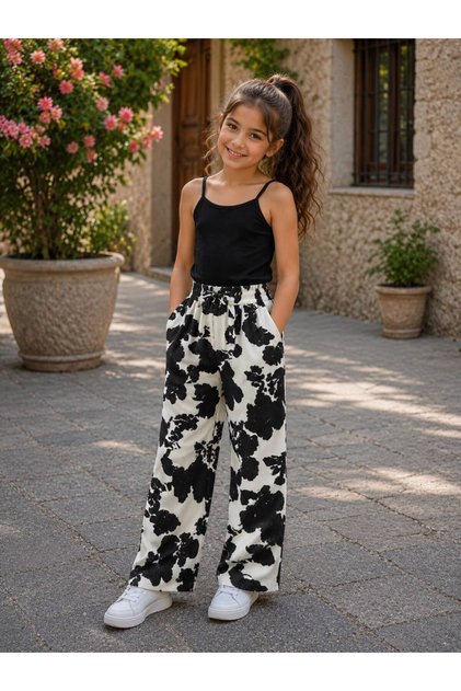 Patterned Girl's Trousers with Elastic Waist
