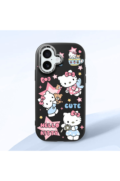 iPhone 16 Compatible Case with Camera Protector Black Silicone Couple Phone Case with Kitty Pattern
