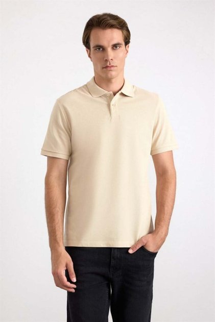 Beige Regular Plain Embroidered Pique Buttoned Polo Collar T-Shirt