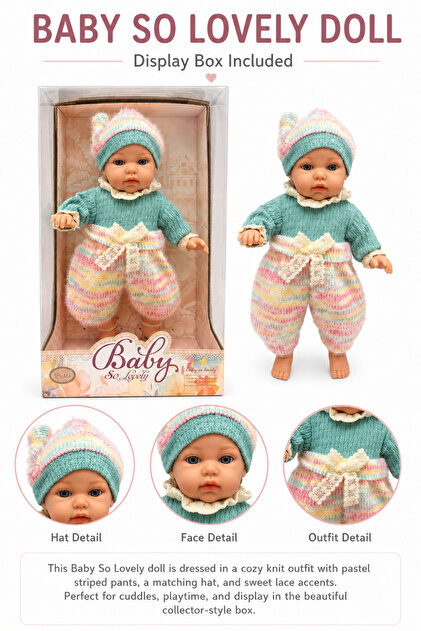 Boxed Baby Doll with Knit Outfit & Hat, Blue Eyes, Pastel Multicolor Gift Toy, 18M+