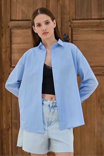 Bebe Mavisi Kadın Oversize Gömlek Uzun Kollu Düğmeli Salaş Günlük Basic Gömlek