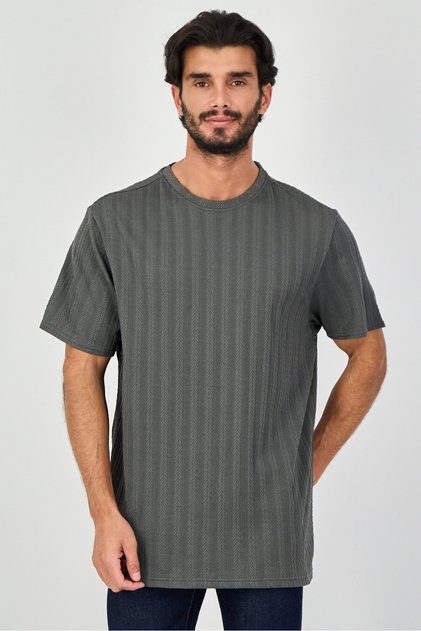 Men Crew Neck Short Sleeve Textured T-Shirt, Dark Grey