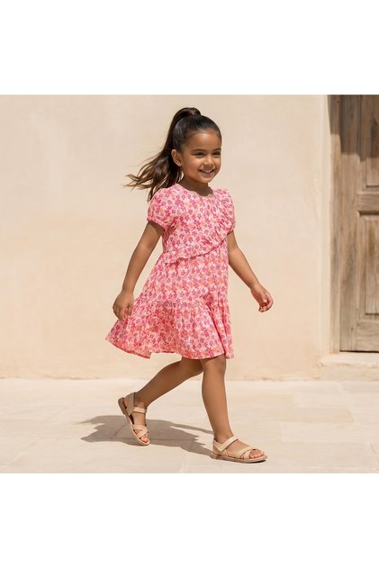 Round Neck Short Sleeves Knee Length A-line Dress with Floral Print