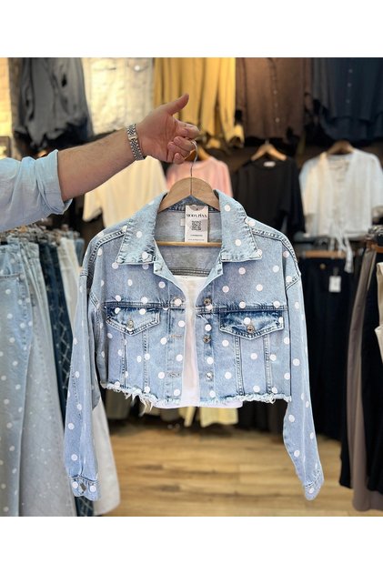 Puantiyeli Oversize Crop Kot Ceket - Buz Mavisi