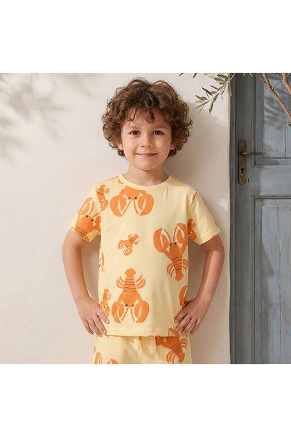 Crew Neck Short Sleeve T-shirt with Lobster Print