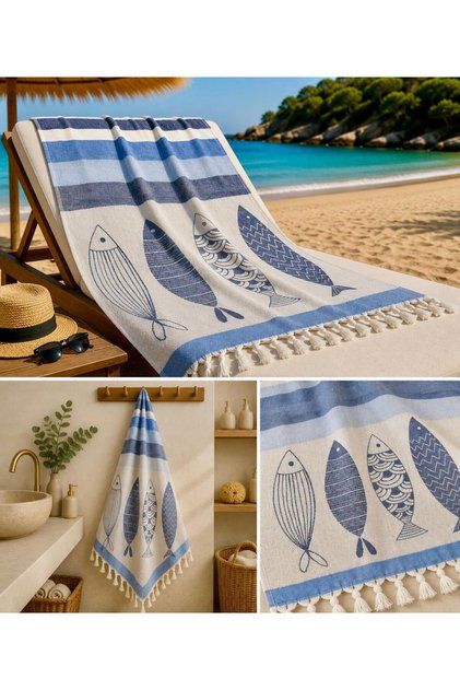 Aegean Breeze Fish Jacquard Peshtemal - Blue - 100% Cotton Beach, Pool and Hammam Peshtemal
