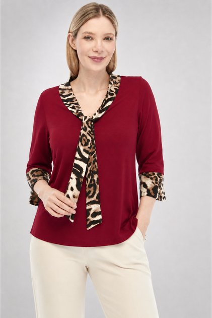 Plus Size Leopard Print Tie and Flounce Three Quarter Sleeve Side Slit Blouse