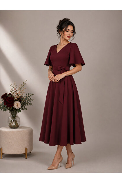 DİVA Rochie lungă de seară/rochie cu decolteu în V, culoare burgundă, cu detaliu curea detașabilă