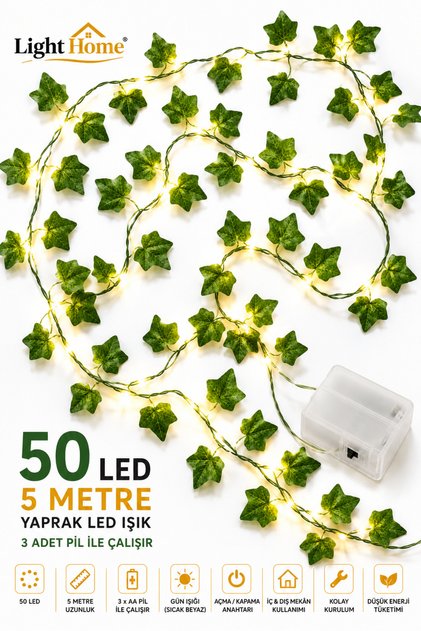 5 Metre 50 LED’li Yapay Sarmaşık Peri Işık – Balkon, Bahçe, Oda ve Duvar Dekoru