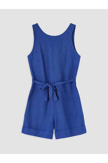 Gencc Quality Linen Blend Women's Shorts Jumpsuit with Belted Waist