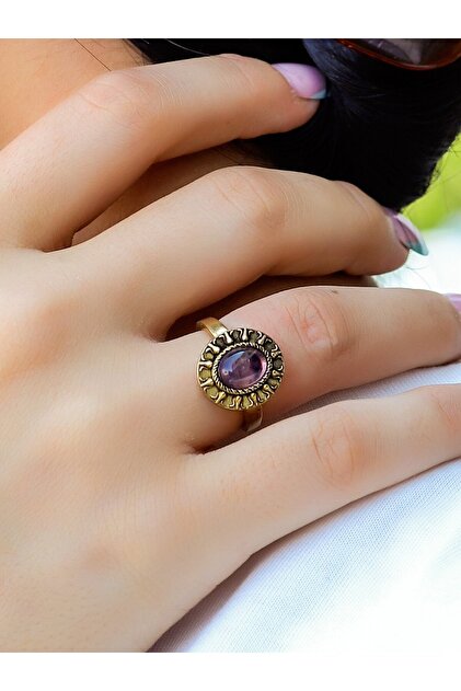 Natural Stone Amethyst Natural Stone Tulip Model Antique Women's Adjustable Ring Euy93Amt
