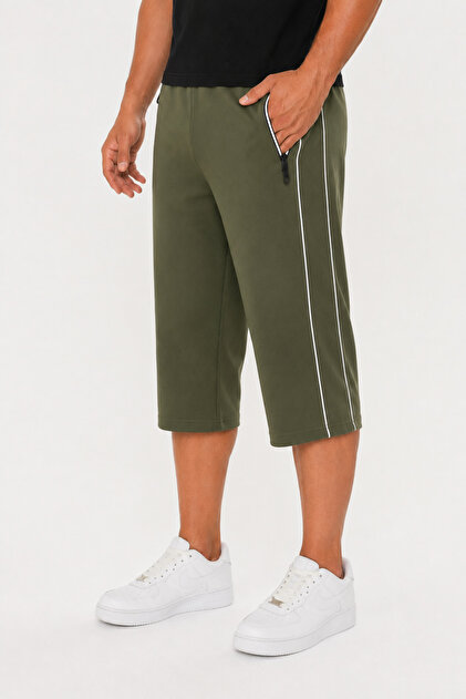 Large Size Men's Cotton Striped Detailed Capri Khaki-6077B