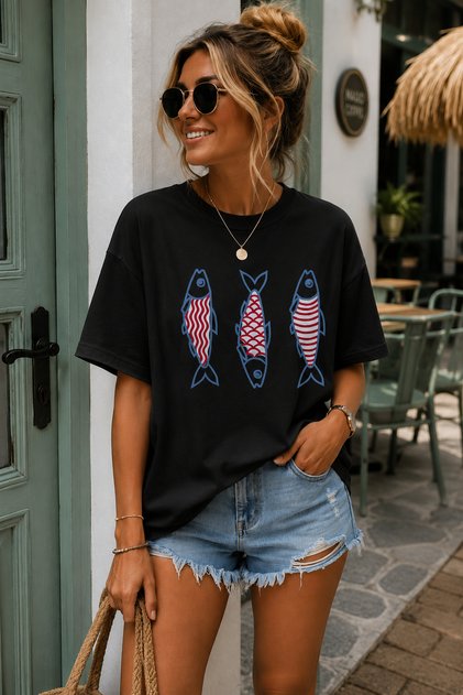 Three Fishes Printed Crew Neck Casual Unisex Oversize T-Shirt - Cotton Casual T-Shirt