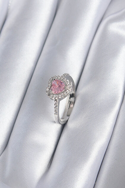 Brass Silver Color Pink Zircon Stone Heart Charm Model Women's Ring