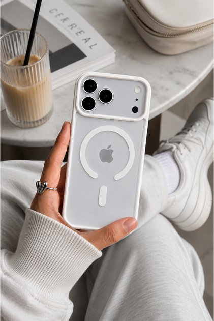 Iphone 17 Pro Max MagSafe Şeffaf Mat Silikon Telefon Kılıfı – Darbe Emici Kamera Korumalı Beyaz Çerçeve