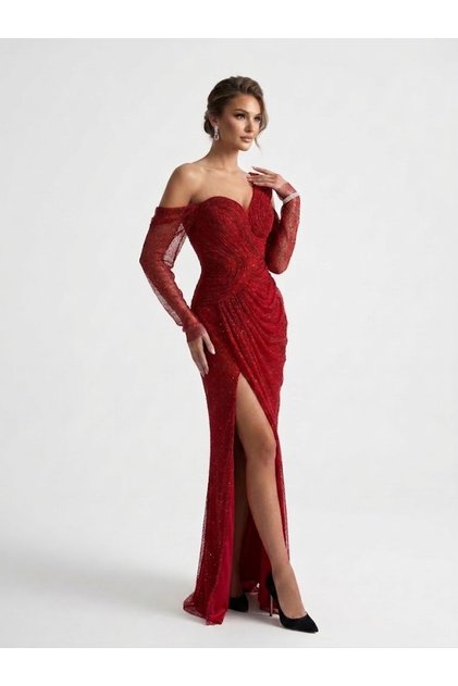 FOR COSTUME Asimetrik Yırtmaçlı Işıltılı Abiye Elbise 10384