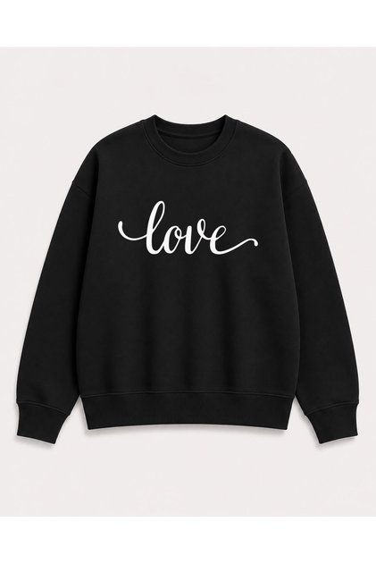 Love Text Print Detailed Embroidered 2 Thread Crew Neck Sweatshirt