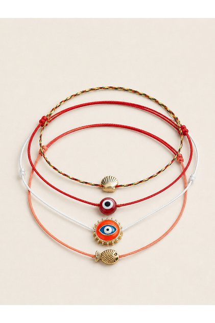 Set of 4 Minimal Sea Figured Evil Eye Beads Adjustable Rope Anklet Set