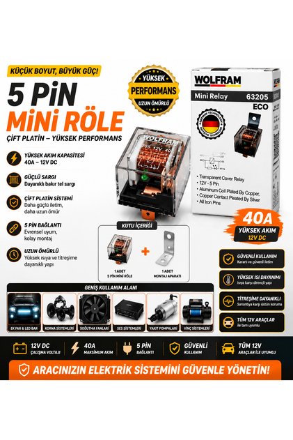 12V 40A 5 Pin Mini Röle Çift Platin Sargılı Şeffaf Gövde Yüksek Oto Röle 1 Adet