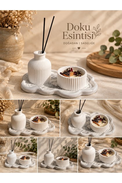 El Yapımı Soya Wax Kokulu Mum ve Tütsü Seti – Dekoratif Mermer Desenli Tepsili – Modern Ev Dekoru