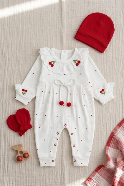Baby Girl Romper Set - Baby Set - 3-Piece Set with Cherry Embroidery, Ruffled Collar, Beanie, and Booties