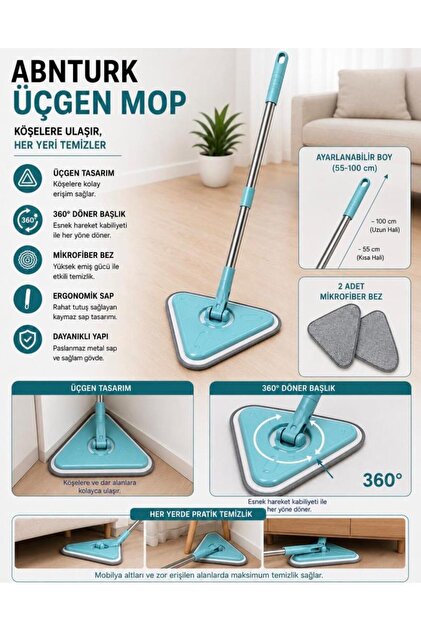 Boyutu Ayarlanabilen 100cm Çıkarılabilir Saplı Üçgen Mop Yedek Mikrofiber Bezli Cam Fayans Parke Tavan Yüzeyler İçin Paspas