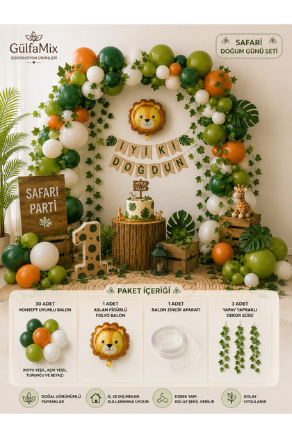 Safari Concept Birthday Balloon Set 35 Pieces |   Economical Lion Figured Foil Balloon + 30 Balloons + Eco Chain Set with Artificial Ivy Leaves