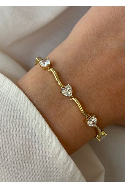 KARARMAYAN 14K ALTIN GÖRÜNÜMLÜ PREMİUM KALPLER BİLEKLİK 16+4 CM