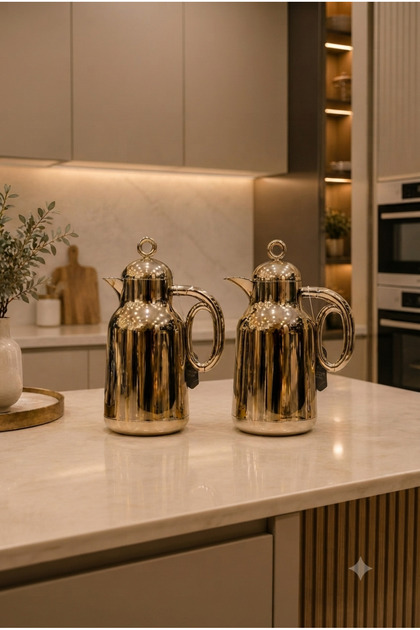 Trams Hospitality Tea & Coffee Set Plastic and Glass Inside 1+1 Liter Luxury Modern Design for High-End Serving Brass