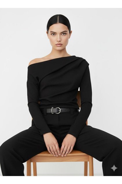 Drape/Ruched Detailed Draped Asymmetric Collar Long Sleeve Knitted Crepe Fabric Blouse