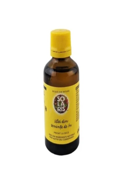Ulei din semințe de in presat la rece Solaris, 50 ml – Sursă bogată de Omega-3, pentru inima, digestie, piele și păr