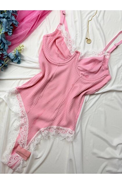 Soft Textured Cotton Stretchy Lace Detailed Snap Fastener Bodysuit