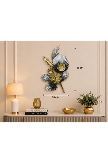 Dekoratif Metal Duvar Panosu Dikey Siyah Gri Gold Yaprak Desenli Modern Salon Duvar Dekoru 88x53 cm