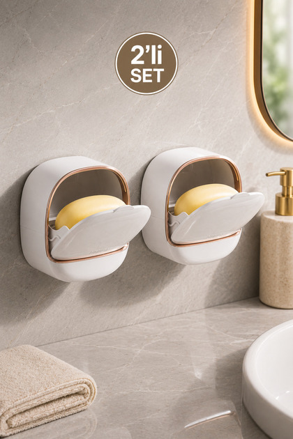 Set of 2 Solid Soap Dispensers with Lids | Wall Mounted Double Layer Soap Holder with Strainer | Adhesive Water Reservoir Bathroom Shower Soap Dish Without Drilling