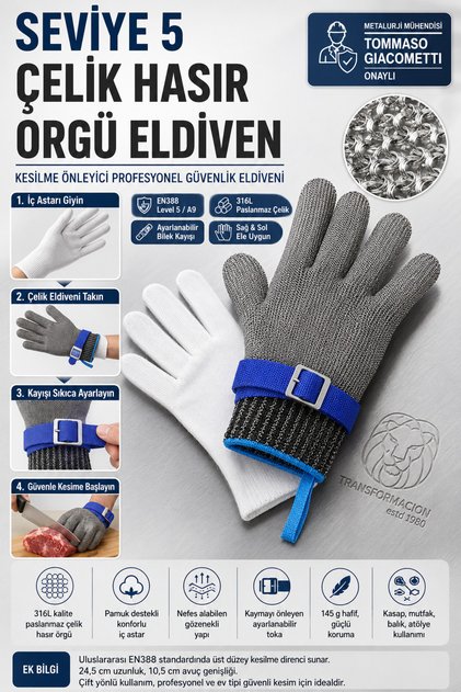 Seviye 5 Çelik Hasır Örgü Kasap Eldiveni - Paslanmaz Çelik Kesilme Önleyici Mutfak ve Et Kesim Eldiveni 723464