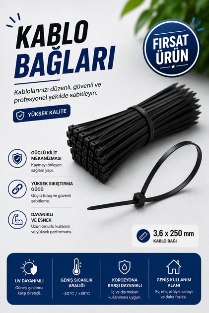 3.6x200 mm Kablo Bağı - Siyah Cırt Kelepçe - Plastik Kelepçe (25 Adet)