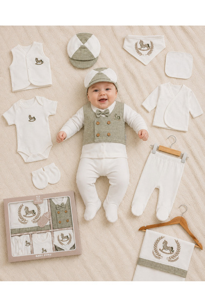 100% Cotton Baby Boy Hospital Discharge Set of 10 Pieces with Hat, Vest, and Bodysuit