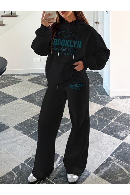 Unisex Men's Women's Brooklyn Baseball Printed Oversize 3 Thread Hooded Baggy Bottom Tracksuit Set