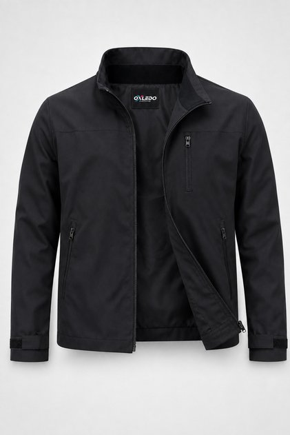 Men's Seasonal Water Repellent Stand Collar Zippered 3-Pocket Jacket Black