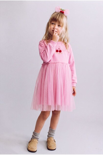 Girl's Cherry Detailed Pink Tulle Dress and Buckle