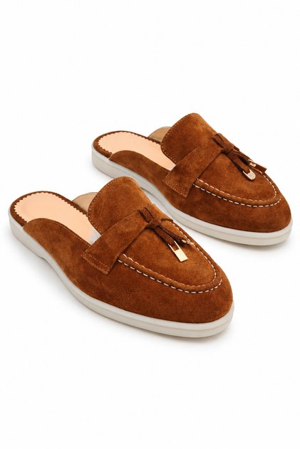 Liora Taba Genuine Leather Suede Women's Loafer Mule Slippers with Gold Accessories