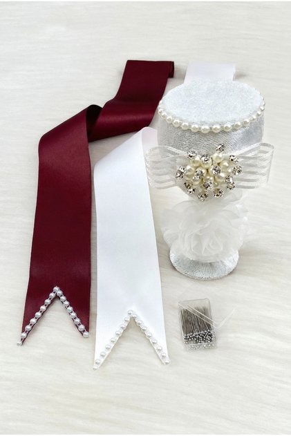 Jewelry Ribbon Set, White Brooch Pin, Burgundy White Pearl Bridal Groom Jewelry Belt, 100 Pins, Wedding Henna Night Engagement Wedding Promise Circumcision