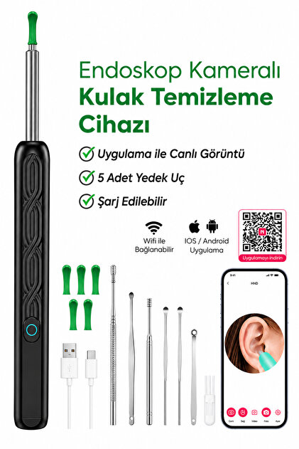 Ear Clean Pro WiFi Akıllı Kameralı Kulak Temizleme Cihazı 1296P HD LED Otoskop – iOS/Android Uyumludur + Temizleme Kiti Hediyeli